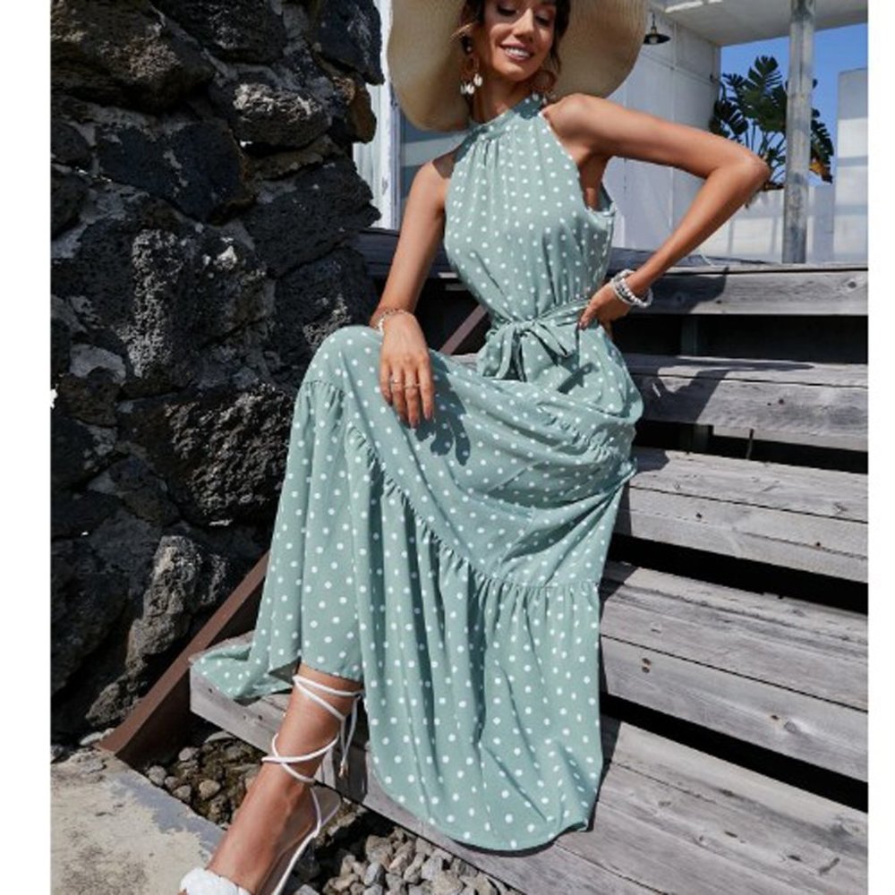 Women's Casual Halter Neck Sleeveless Polka Dots Long Maxi Dress Loose Ruffle
